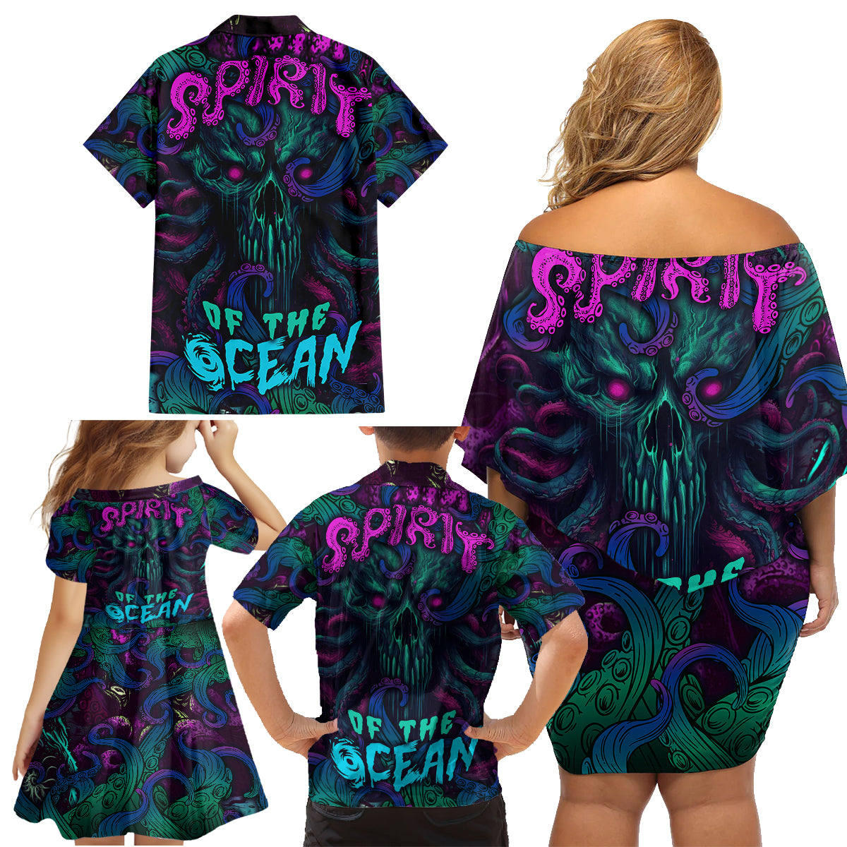 Spirit Of the Ocean Family Matching Off Shoulder Short Dress and Hawaiian Shirt - Wonder Print Shop
