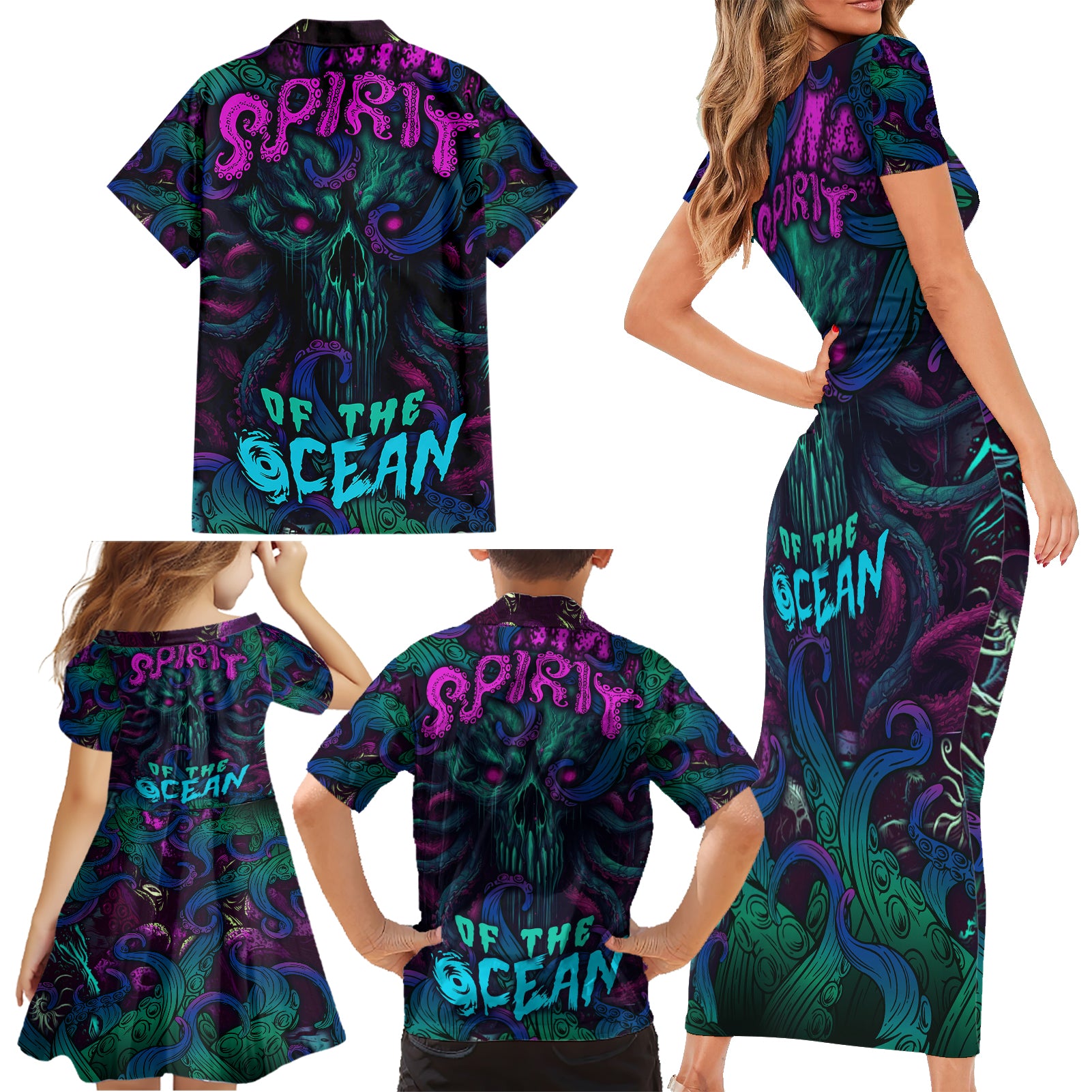 Spirit Of the Ocean Family Matching Short Sleeve Bodycon Dress and Hawaiian Shirt - Wonder Print Shop