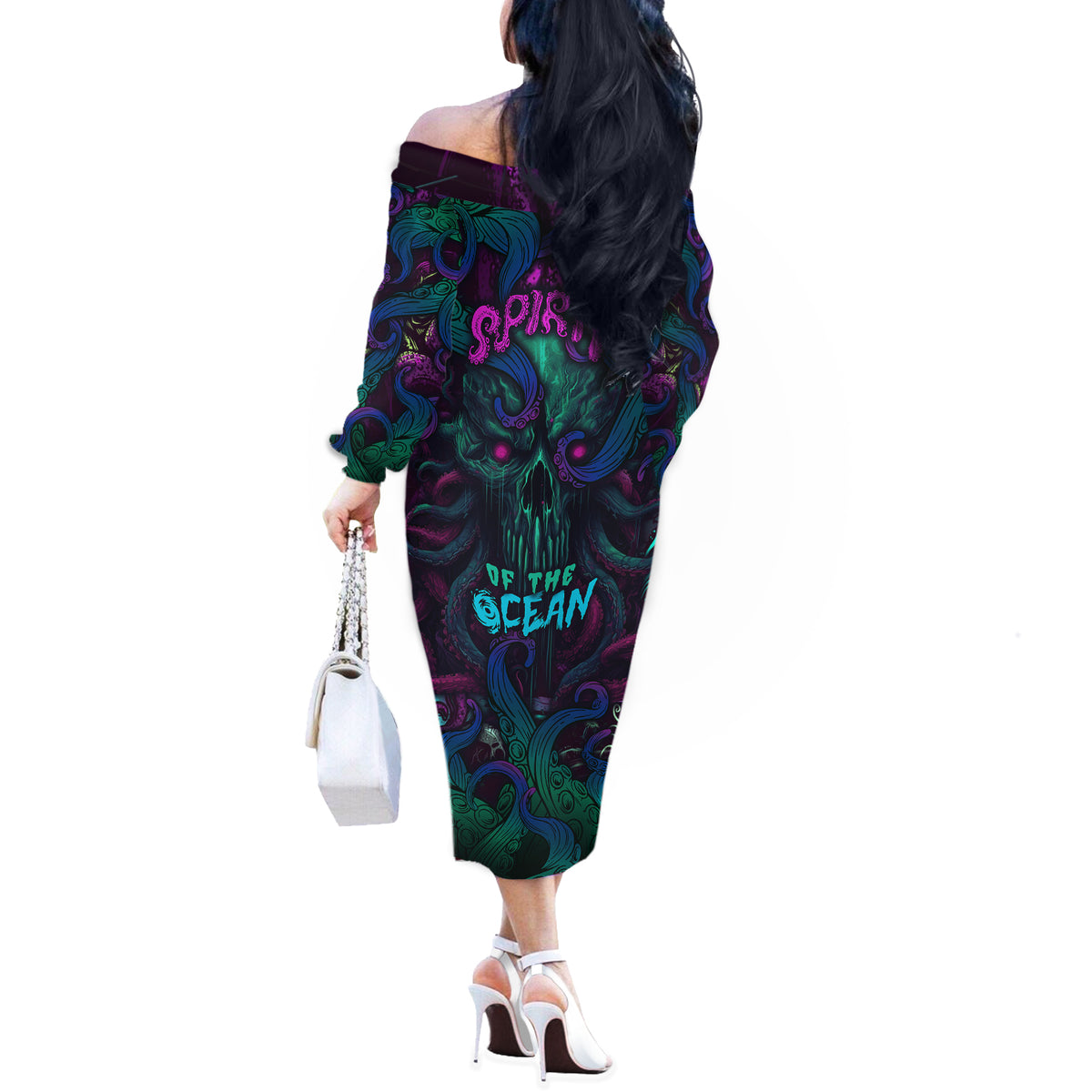 Spirit Of the Ocean Off The Shoulder Long Sleeve Dress - Wonder Print Shop