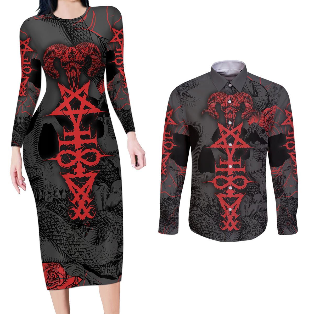 Skull Horror - Satan Symbol Grunge Couples Matching Long Sleeve Bodycon Dress and Long Sleeve Button Shirts - Wonder Print Shop