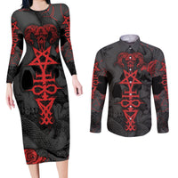 Skull Horror - Satan Symbol Grunge Couples Matching Long Sleeve Bodycon Dress and Long Sleeve Button Shirts - Wonder Print Shop