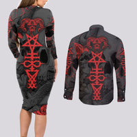 Skull Horror - Satan Symbol Grunge Couples Matching Long Sleeve Bodycon Dress and Long Sleeve Button Shirts - Wonder Print Shop