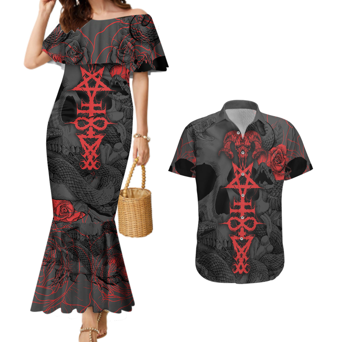 Skull Horror - Satan Symbol Grunge Couples Matching Mermaid Dress and Hawaiian Shirt - Wonder Print Shop