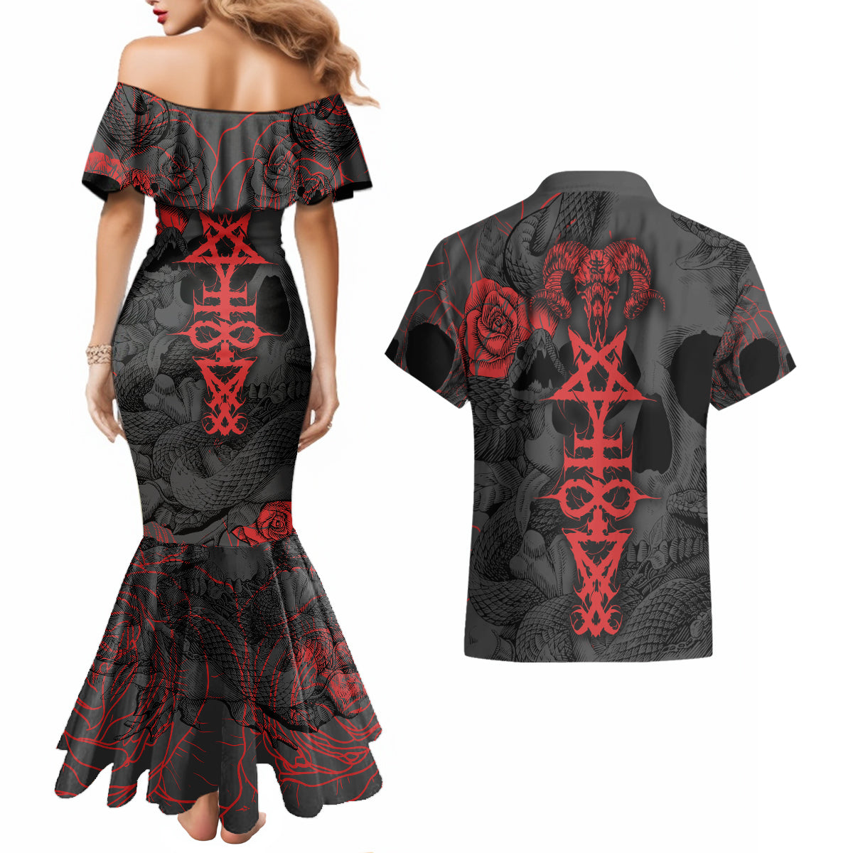 Skull Horror - Satan Symbol Grunge Couples Matching Mermaid Dress and Hawaiian Shirt - Wonder Print Shop