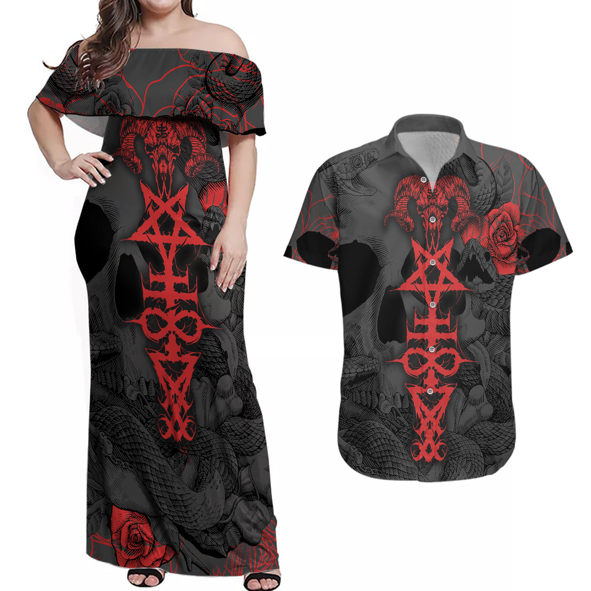 Skull Horror - Satan Symbol Grunge Couples Matching Off Shoulder Maxi Dress and Hawaiian Shirt - Wonder Print Shop
