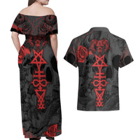 Skull Horror - Satan Symbol Grunge Couples Matching Off Shoulder Maxi Dress and Hawaiian Shirt - Wonder Print Shop