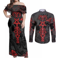 Skull Horror - Satan Symbol Grunge Couples Matching Off Shoulder Maxi Dress and Long Sleeve Button Shirts - Wonder Print Shop