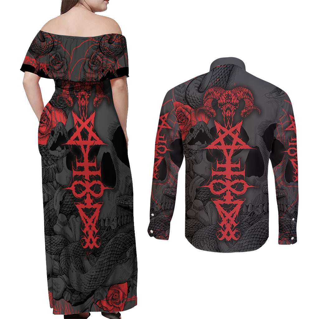 Skull Horror - Satan Symbol Grunge Couples Matching Off Shoulder Maxi Dress and Long Sleeve Button Shirts - Wonder Print Shop