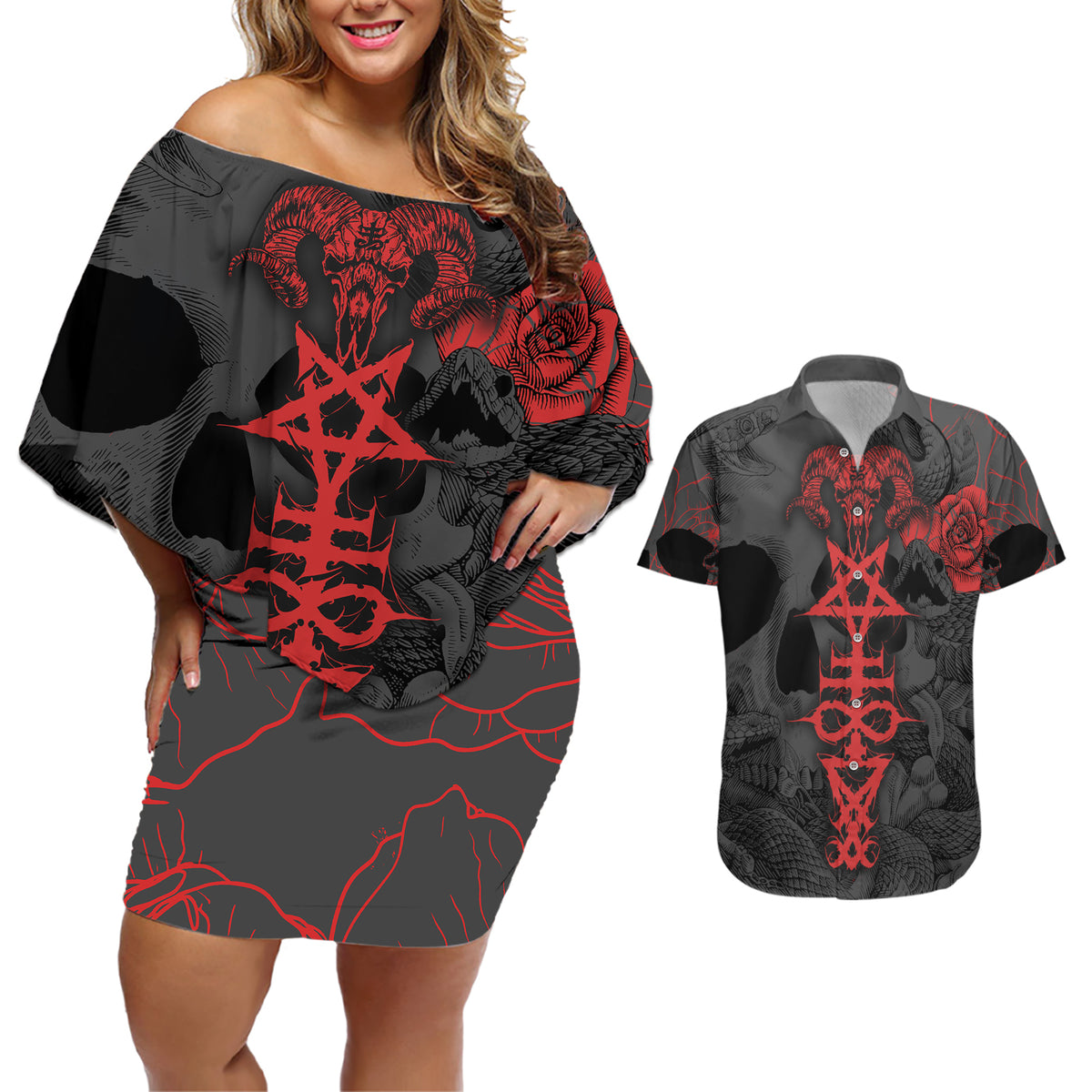 Skull Horror - Satan Symbol Grunge Couples Matching Off Shoulder Short Dress and Hawaiian Shirt - Wonder Print Shop