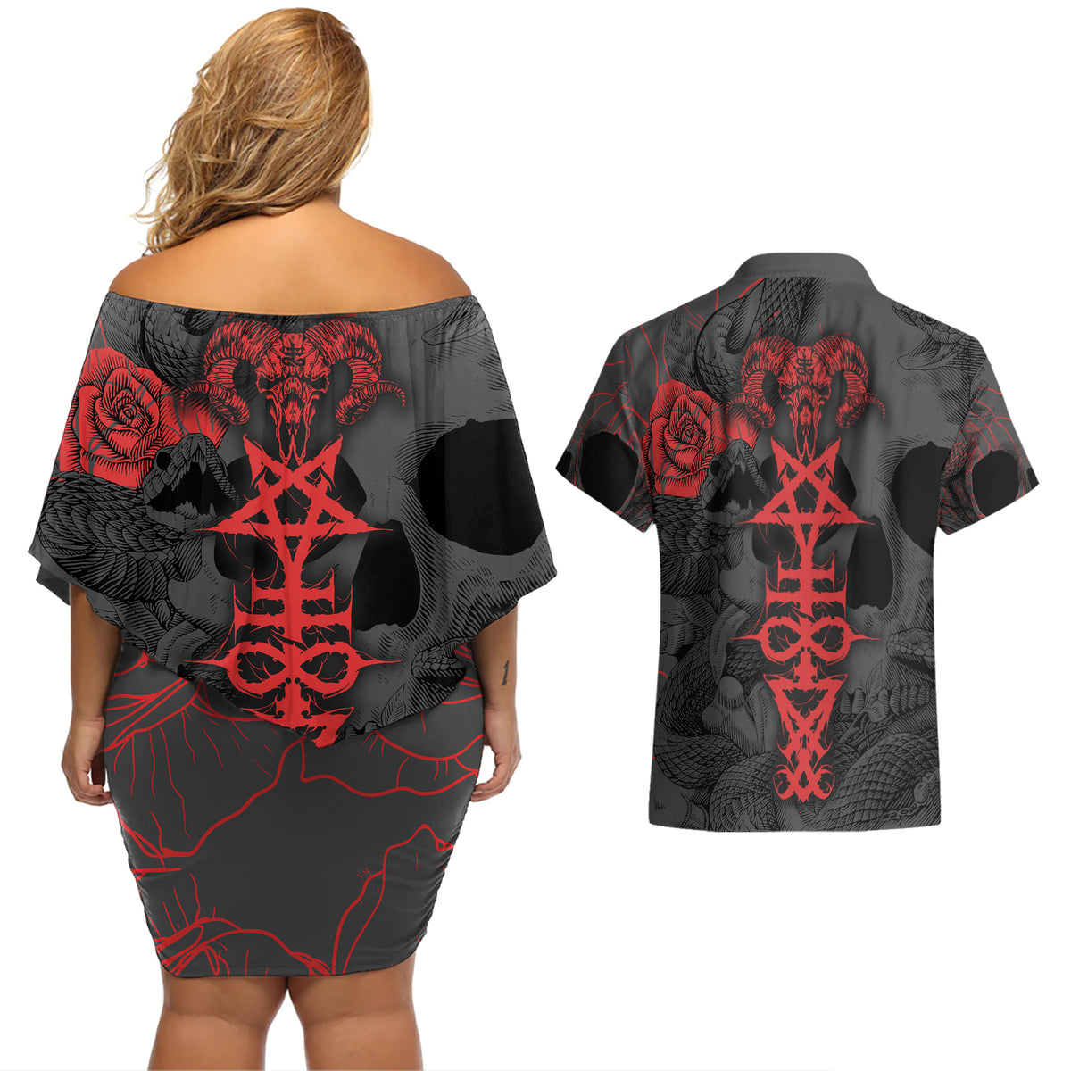 Skull Horror - Satan Symbol Grunge Couples Matching Off Shoulder Short Dress and Hawaiian Shirt - Wonder Print Shop