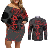 Skull Horror - Satan Symbol Grunge Couples Matching Off Shoulder Short Dress and Long Sleeve Button Shirts - Wonder Print Shop