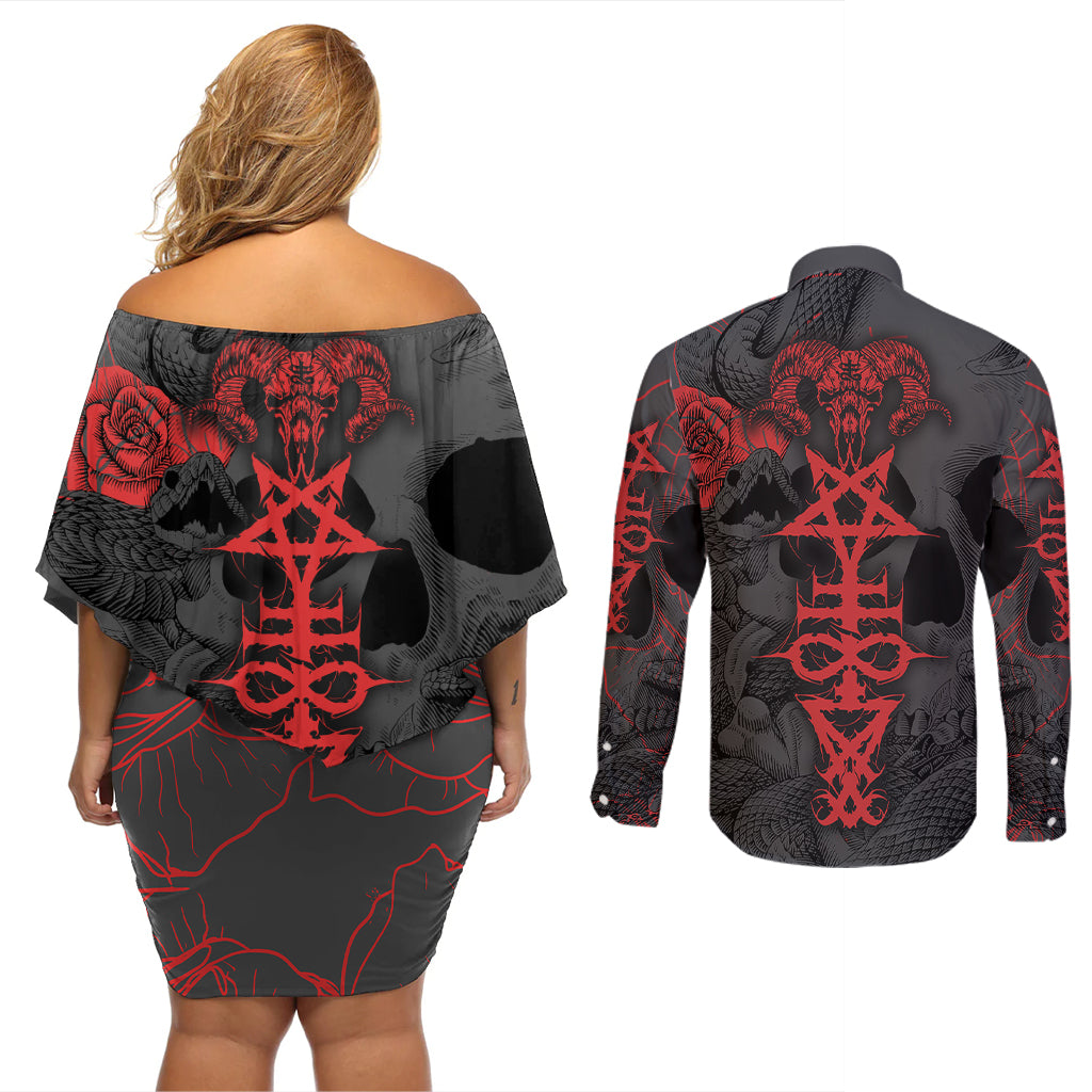 Skull Horror - Satan Symbol Grunge Couples Matching Off Shoulder Short Dress and Long Sleeve Button Shirts - Wonder Print Shop