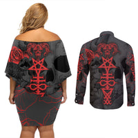 Skull Horror - Satan Symbol Grunge Couples Matching Off Shoulder Short Dress and Long Sleeve Button Shirts - Wonder Print Shop