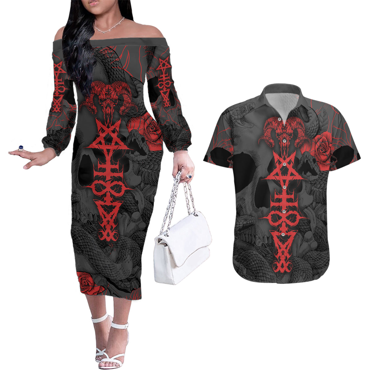 Skull Horror - Satan Symbol Grunge Couples Matching Off The Shoulder Long Sleeve Dress and Hawaiian Shirt - Wonder Print Shop