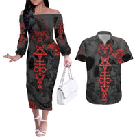Skull Horror - Satan Symbol Grunge Couples Matching Off The Shoulder Long Sleeve Dress and Hawaiian Shirt - Wonder Print Shop