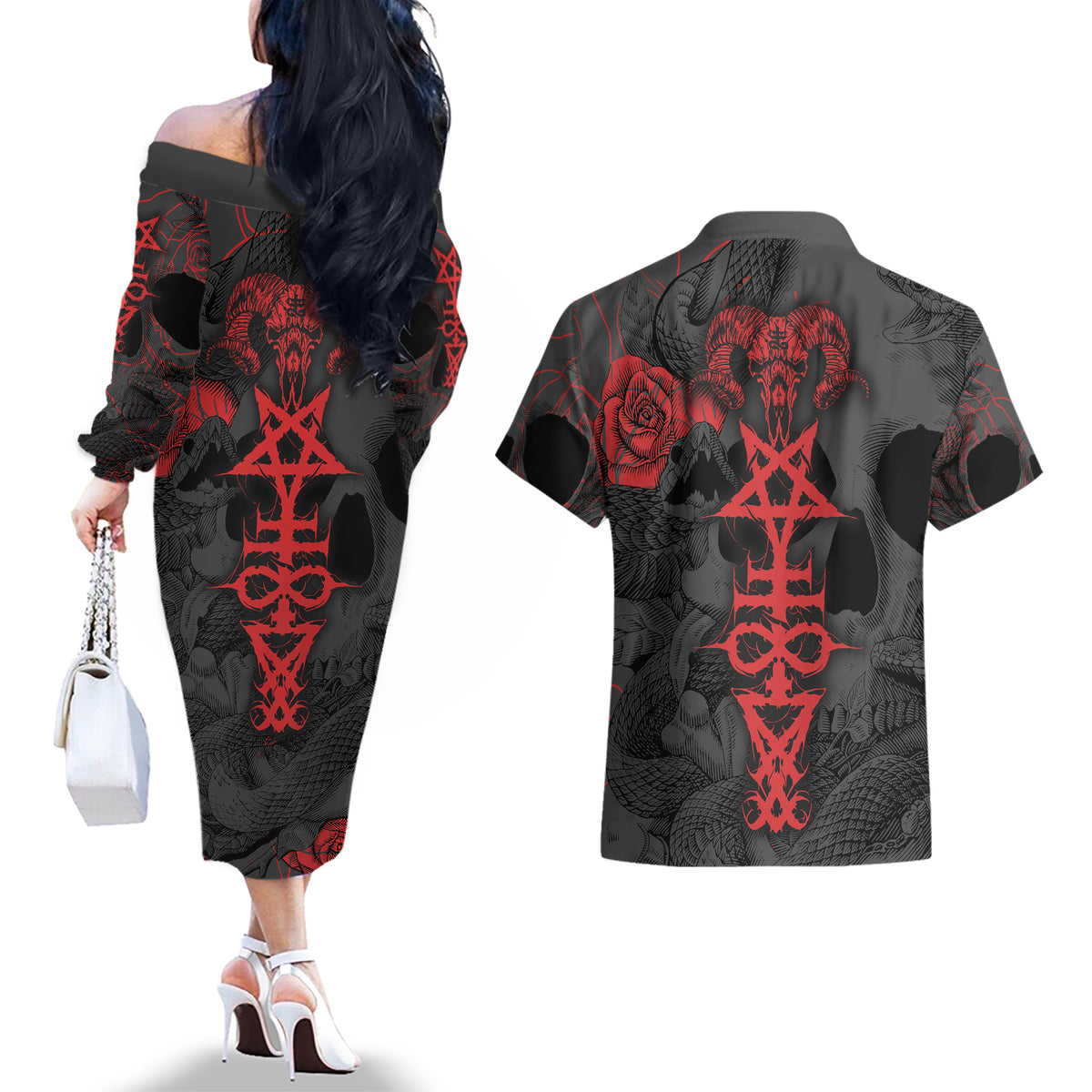 Skull Horror - Satan Symbol Grunge Couples Matching Off The Shoulder Long Sleeve Dress and Hawaiian Shirt - Wonder Print Shop