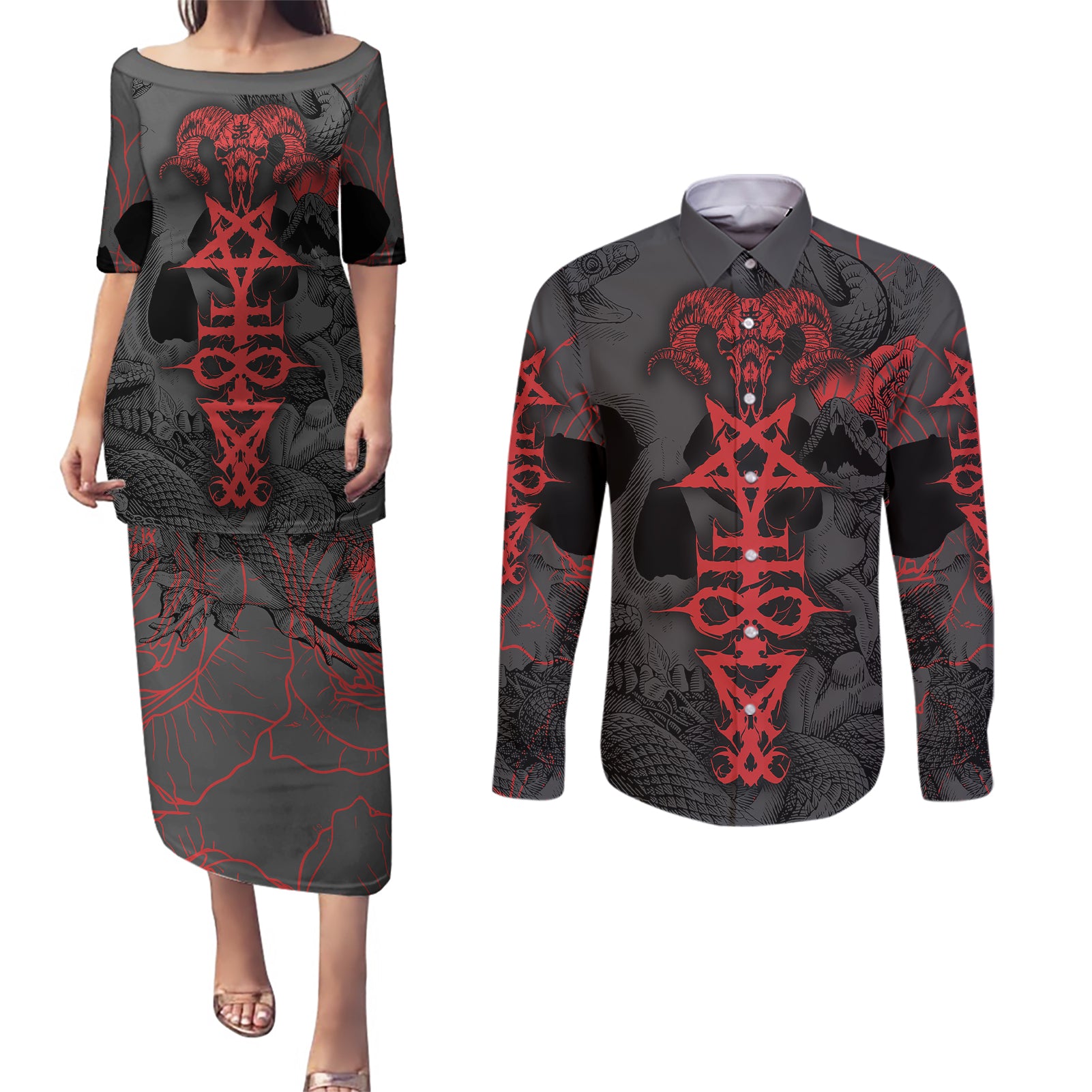 Skull Horror - Satan Symbol Grunge Couples Matching Puletasi Dress and Long Sleeve Button Shirts - Wonder Print Shop