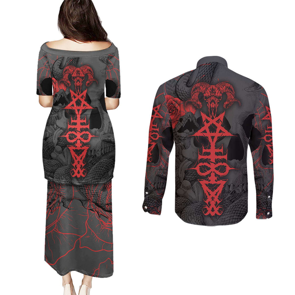 Skull Horror - Satan Symbol Grunge Couples Matching Puletasi Dress and Long Sleeve Button Shirts - Wonder Print Shop