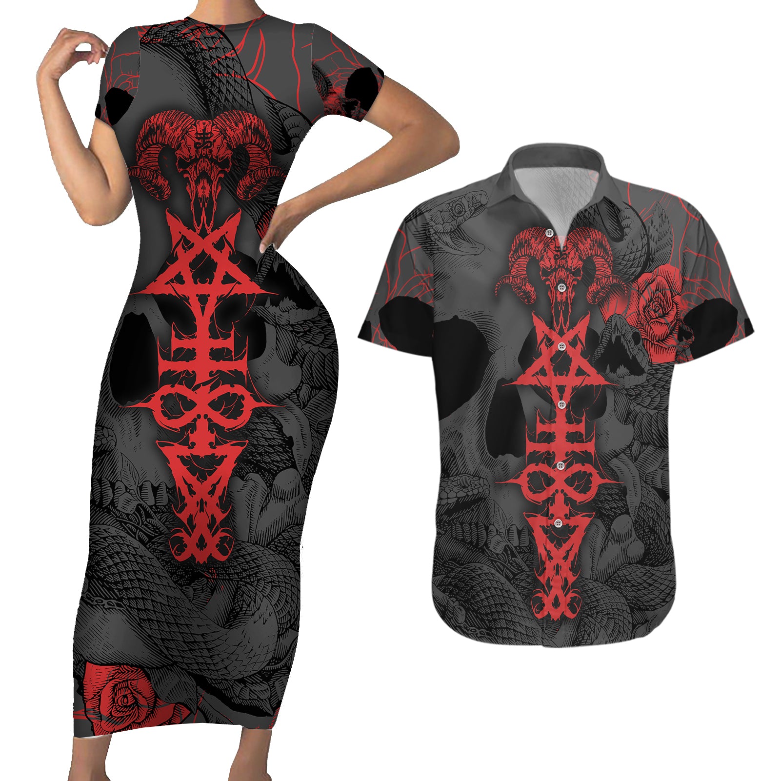 Skull Horror - Satan Symbol Grunge Couples Matching Short Sleeve Bodycon Dress and Hawaiian Shirt - Wonder Print Shop