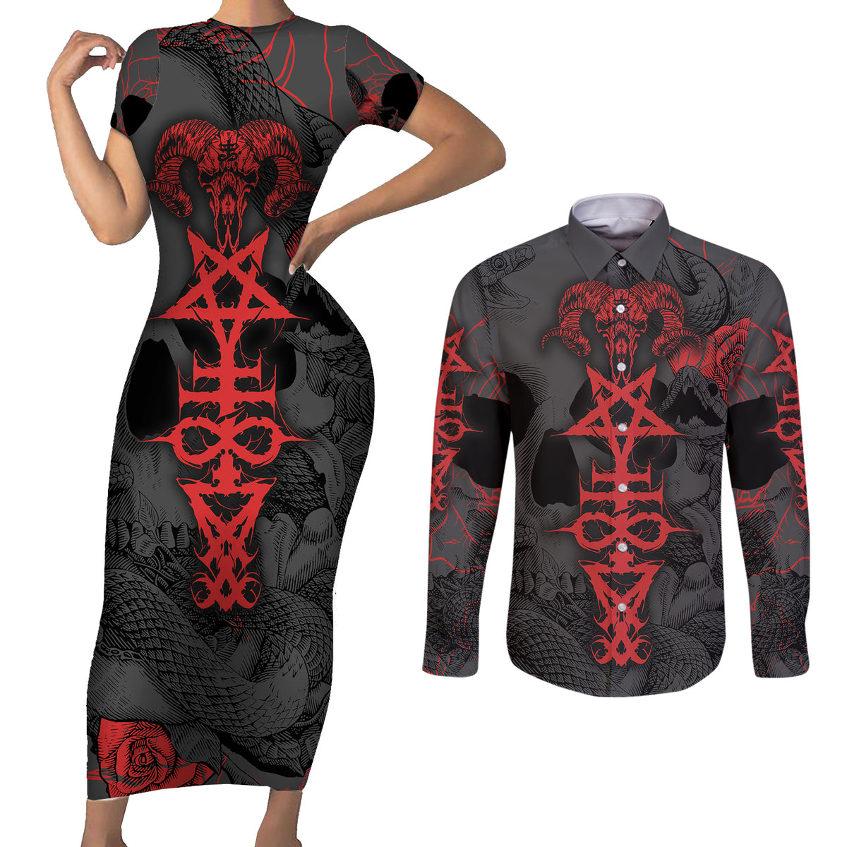 Skull Horror - Satan Symbol Grunge Couples Matching Short Sleeve Bodycon Dress and Long Sleeve Button Shirts - Wonder Print Shop