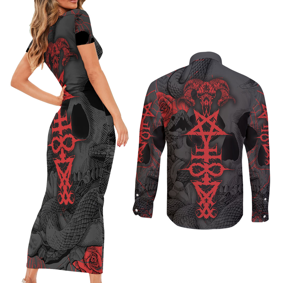 Skull Horror - Satan Symbol Grunge Couples Matching Short Sleeve Bodycon Dress and Long Sleeve Button Shirts - Wonder Print Shop