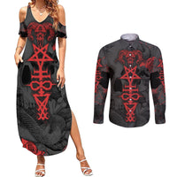 Skull Horror - Satan Symbol Grunge Couples Matching Summer Maxi Dress and Long Sleeve Button Shirts - Wonder Print Shop