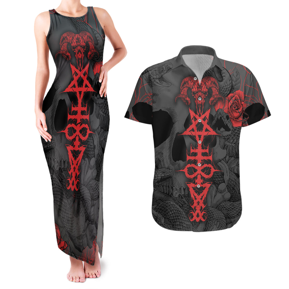 Skull Horror - Satan Symbol Grunge Couples Matching Tank Maxi Dress and Hawaiian Shirt - Wonder Print Shop