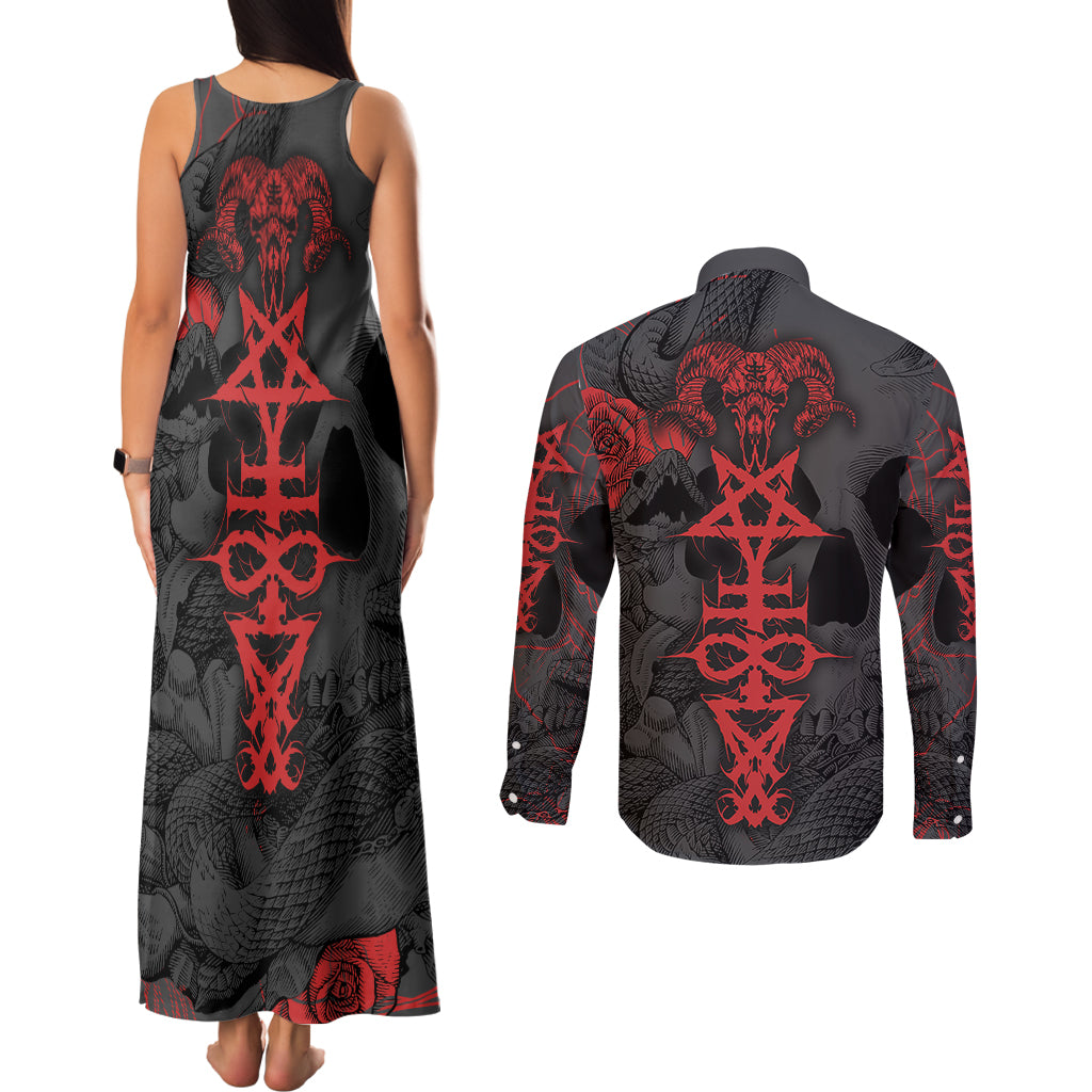 Skull Horror - Satan Symbol Grunge Couples Matching Tank Maxi Dress and Long Sleeve Button Shirts - Wonder Print Shop