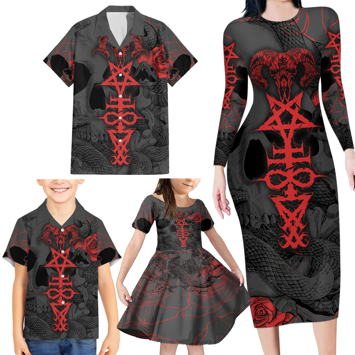 Skull Horror - Satan Symbol Grunge Family Matching Long Sleeve Bodycon Dress and Hawaiian Shirt - Wonder Print Shop