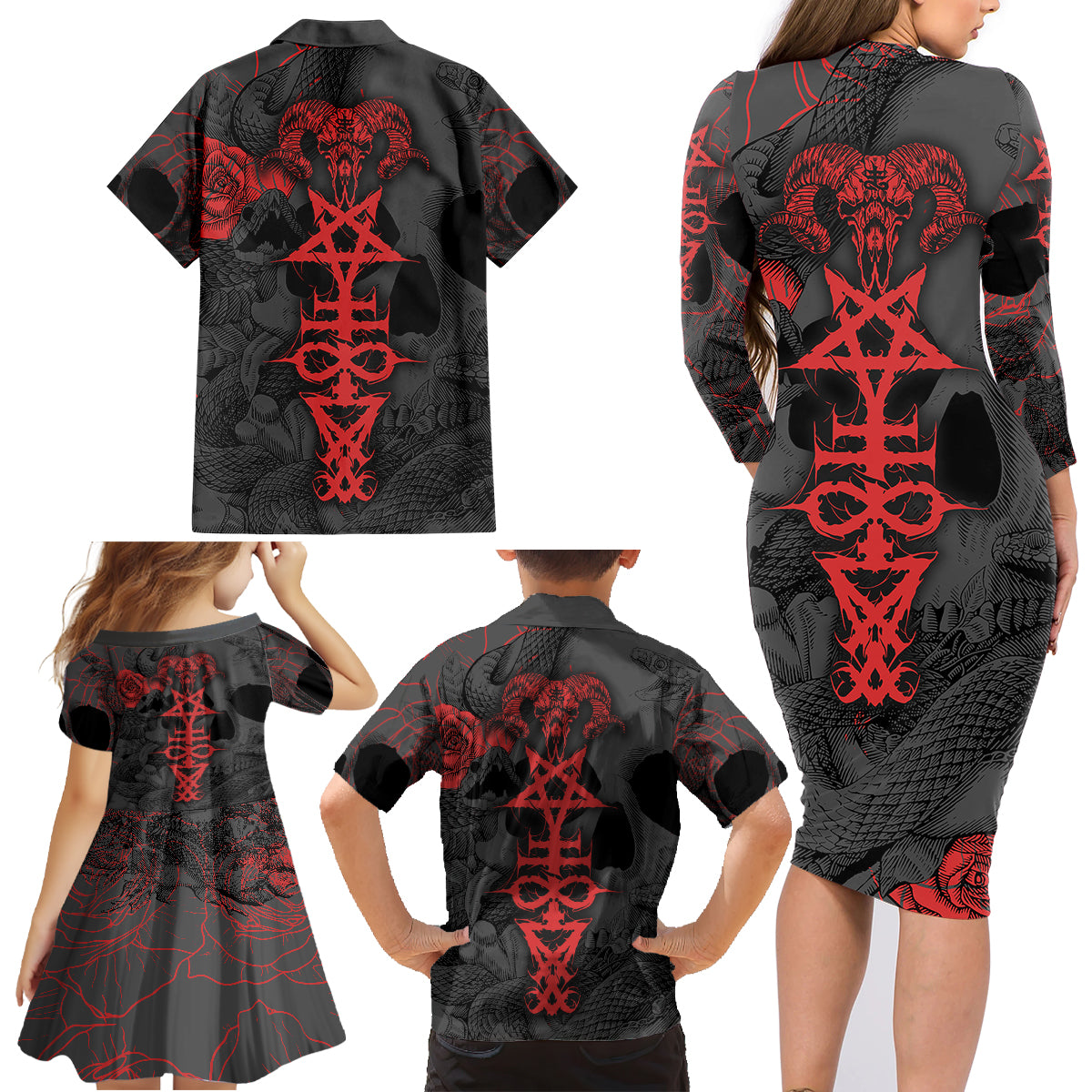 Skull Horror - Satan Symbol Grunge Family Matching Long Sleeve Bodycon Dress and Hawaiian Shirt - Wonder Print Shop
