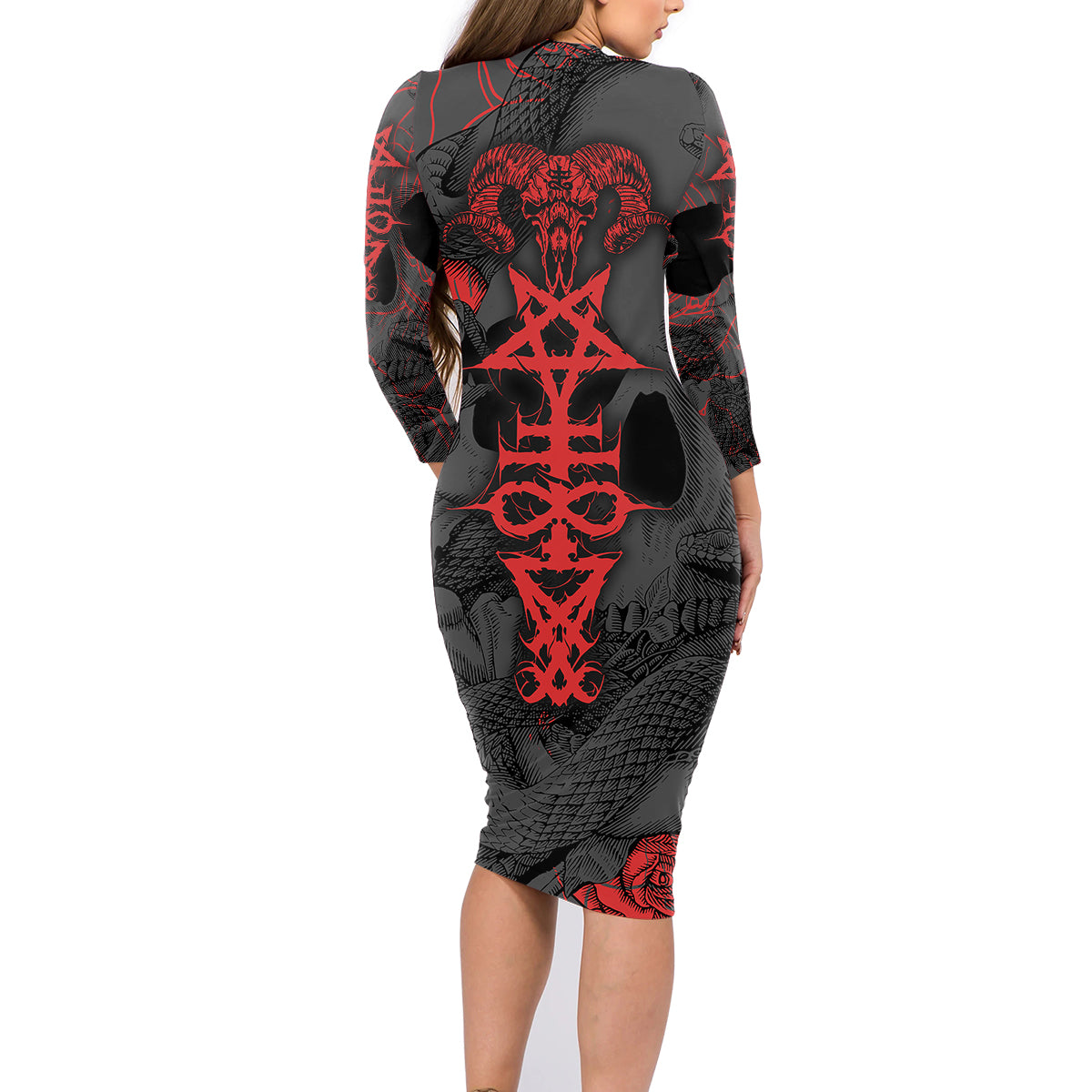 Skull Horror - Satan Symbol Grunge Family Matching Long Sleeve Bodycon Dress and Hawaiian Shirt - Wonder Print Shop