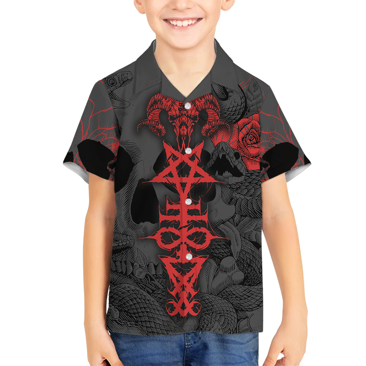 Skull Horror - Satan Symbol Grunge Family Matching Long Sleeve Bodycon Dress and Hawaiian Shirt - Wonder Print Shop