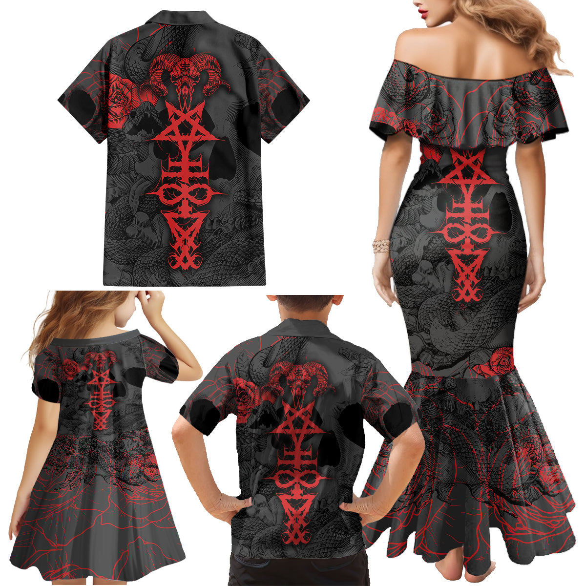 Skull Horror - Satan Symbol Grunge Family Matching Mermaid Dress and Hawaiian Shirt - Wonder Print Shop