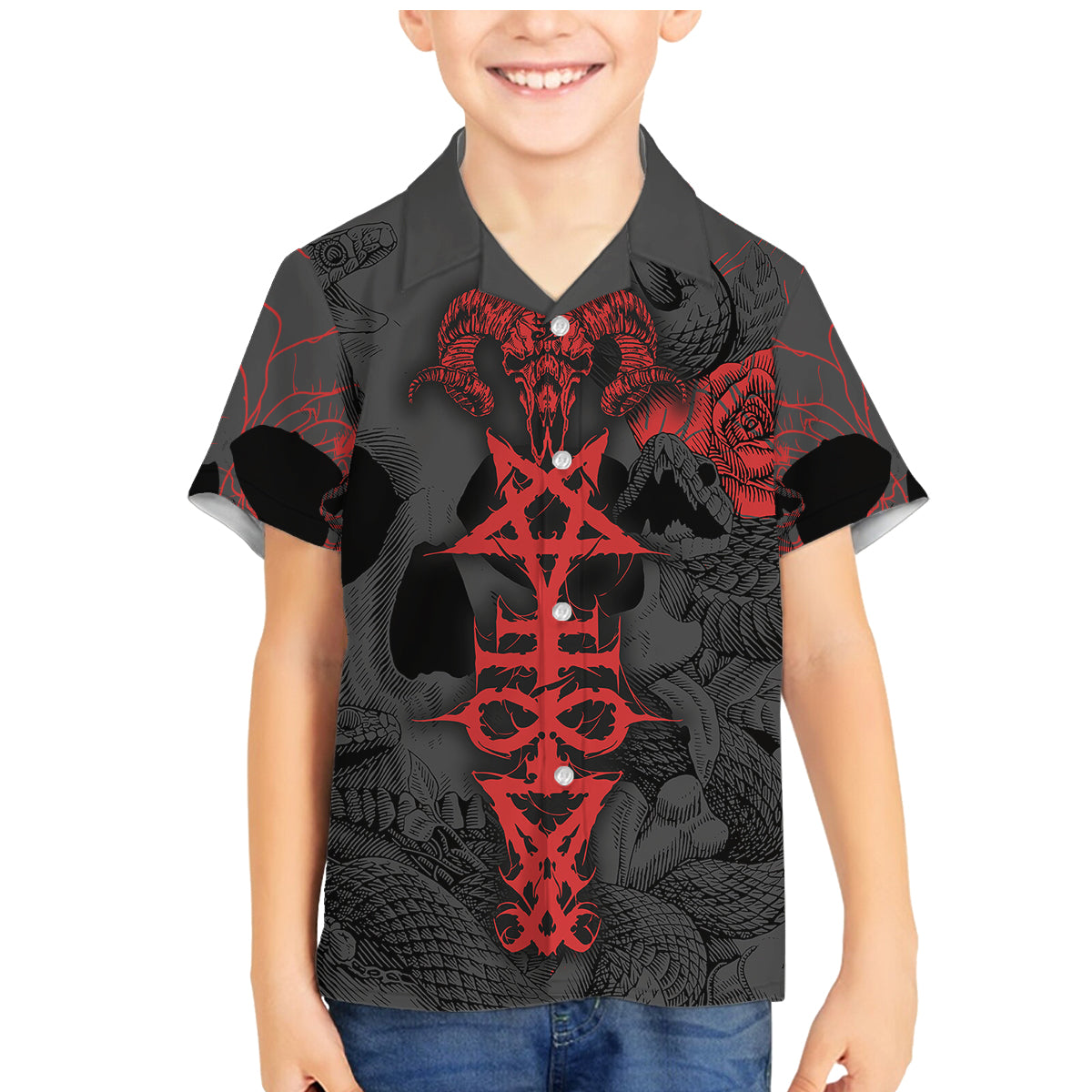 Skull Horror - Satan Symbol Grunge Family Matching Mermaid Dress and Hawaiian Shirt - Wonder Print Shop