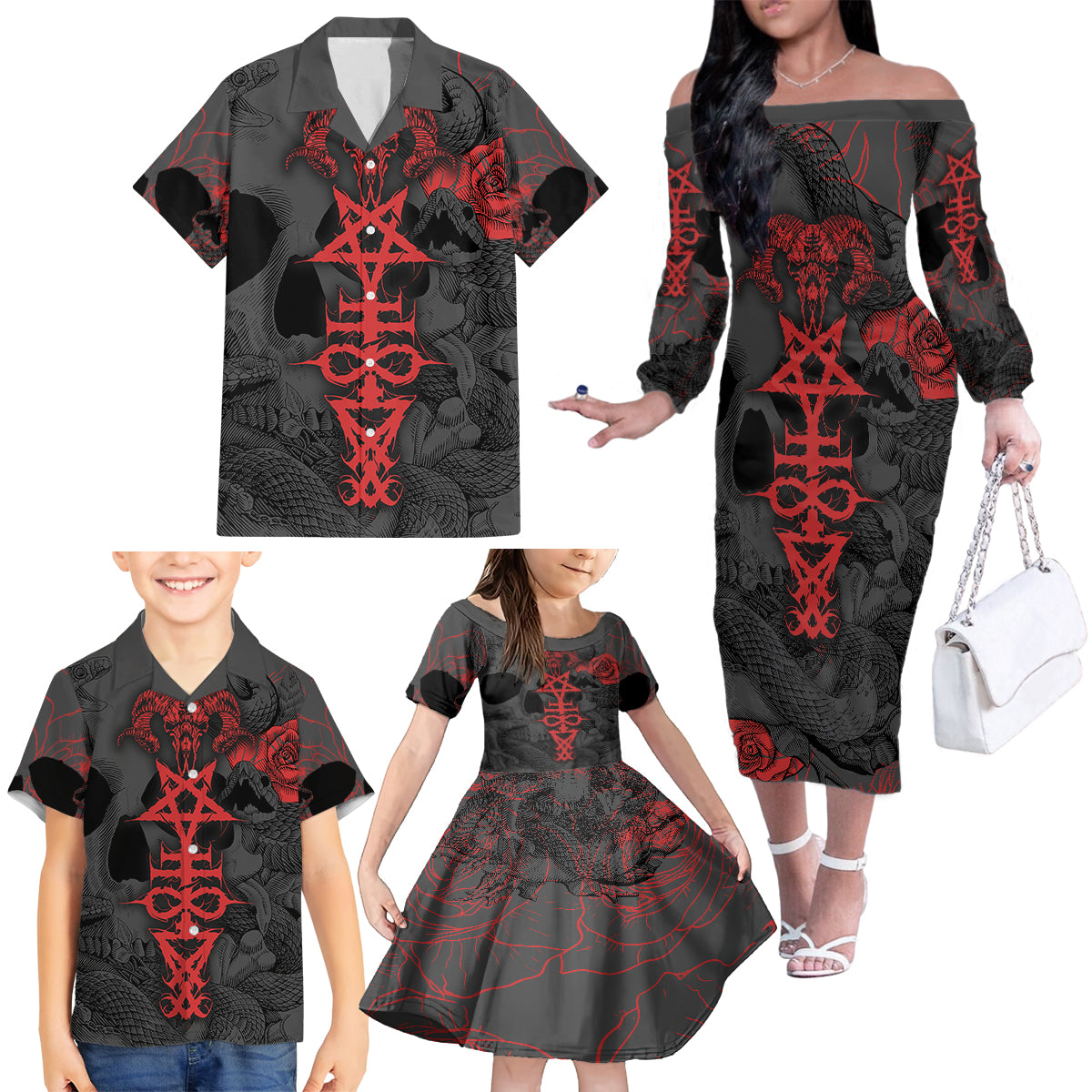Skull Horror - Satan Symbol Grunge Family Matching Off Shoulder Long Sleeve Dress and Hawaiian Shirt - Wonder Print Shop