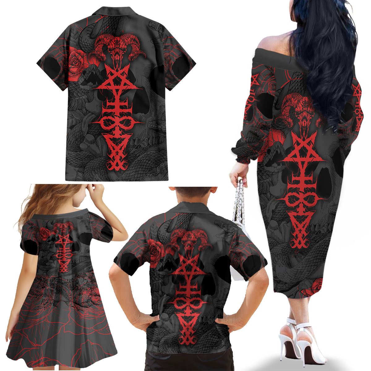 Skull Horror - Satan Symbol Grunge Family Matching Off Shoulder Long Sleeve Dress and Hawaiian Shirt - Wonder Print Shop