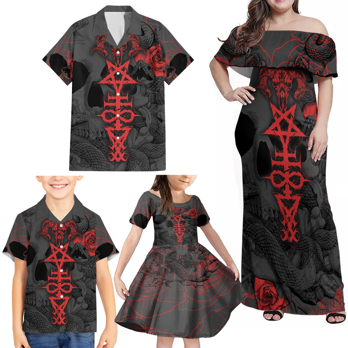 Skull Horror - Satan Symbol Grunge Family Matching Off Shoulder Maxi Dress and Hawaiian Shirt - Wonder Print Shop