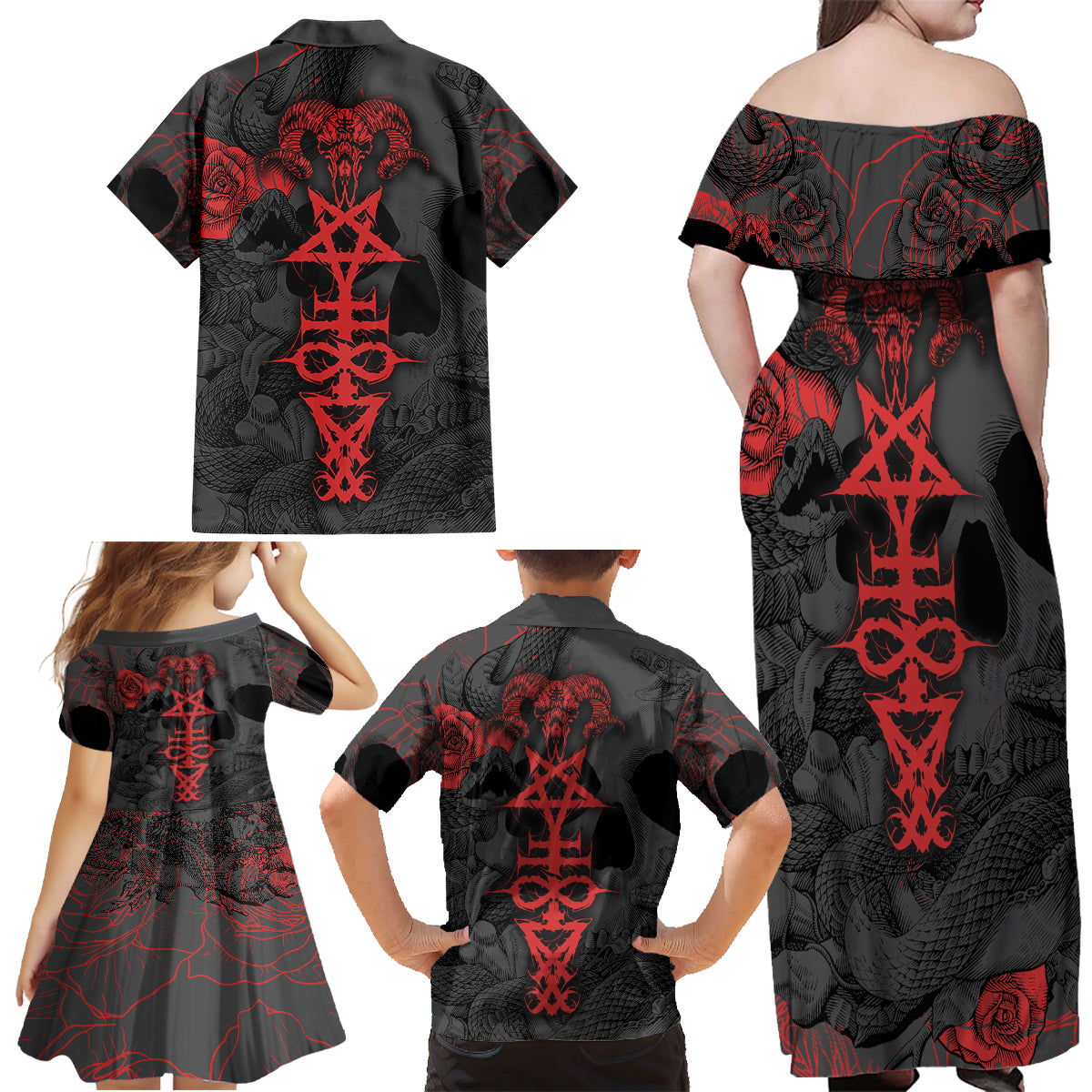 Skull Horror - Satan Symbol Grunge Family Matching Off Shoulder Maxi Dress and Hawaiian Shirt - Wonder Print Shop