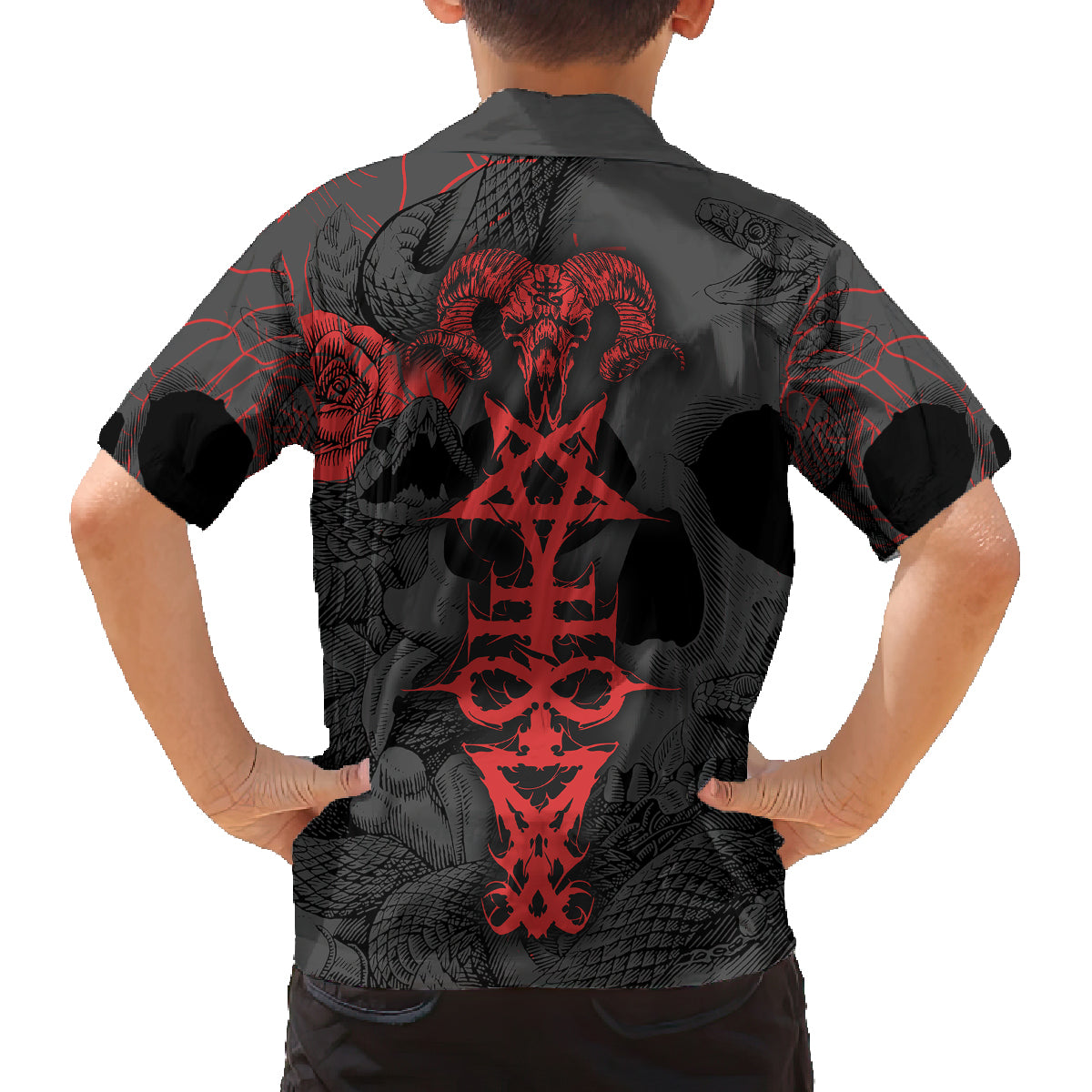 Skull Horror - Satan Symbol Grunge Family Matching Off Shoulder Short Dress and Hawaiian Shirt - Wonder Print Shop
