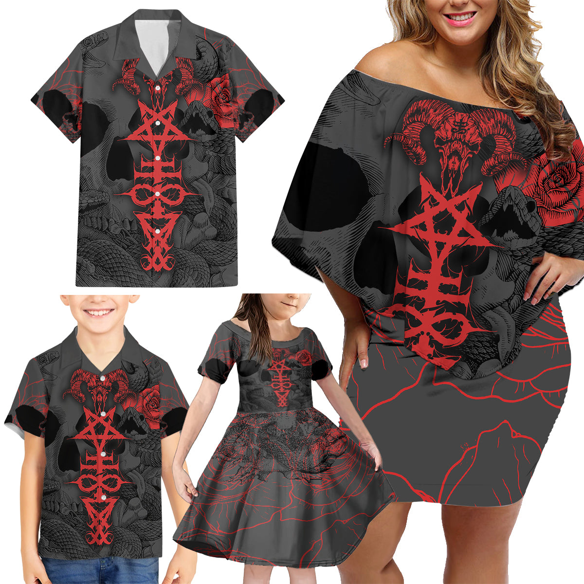 Skull Horror - Satan Symbol Grunge Family Matching Off Shoulder Short Dress and Hawaiian Shirt - Wonder Print Shop