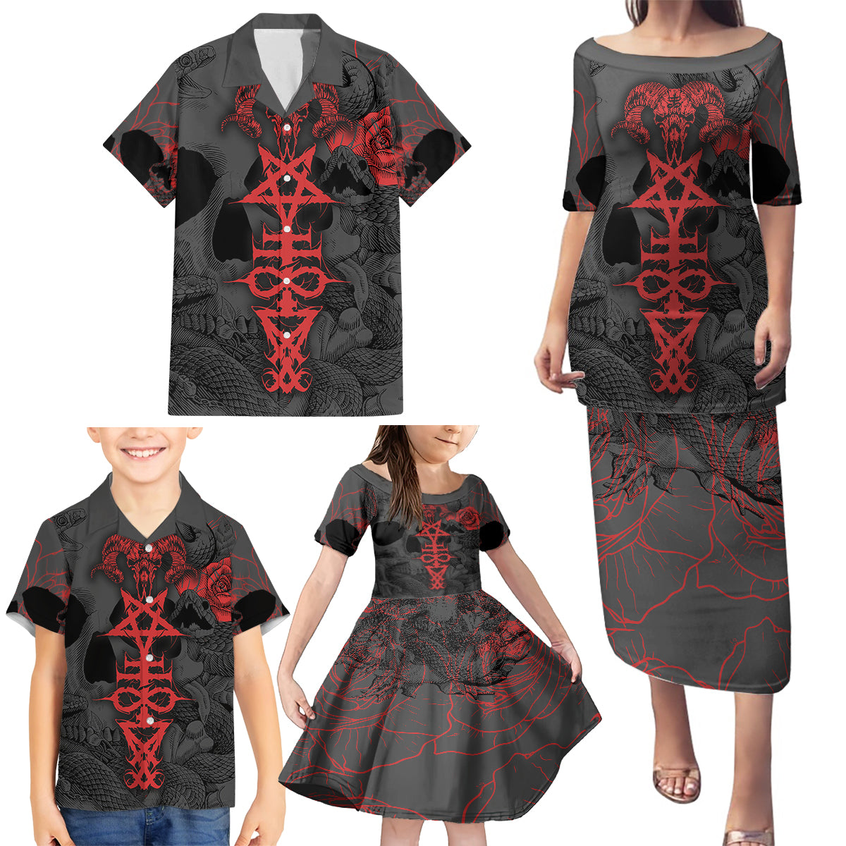 Skull Horror - Satan Symbol Grunge Family Matching Puletasi Dress and Hawaiian Shirt - Wonder Print Shop