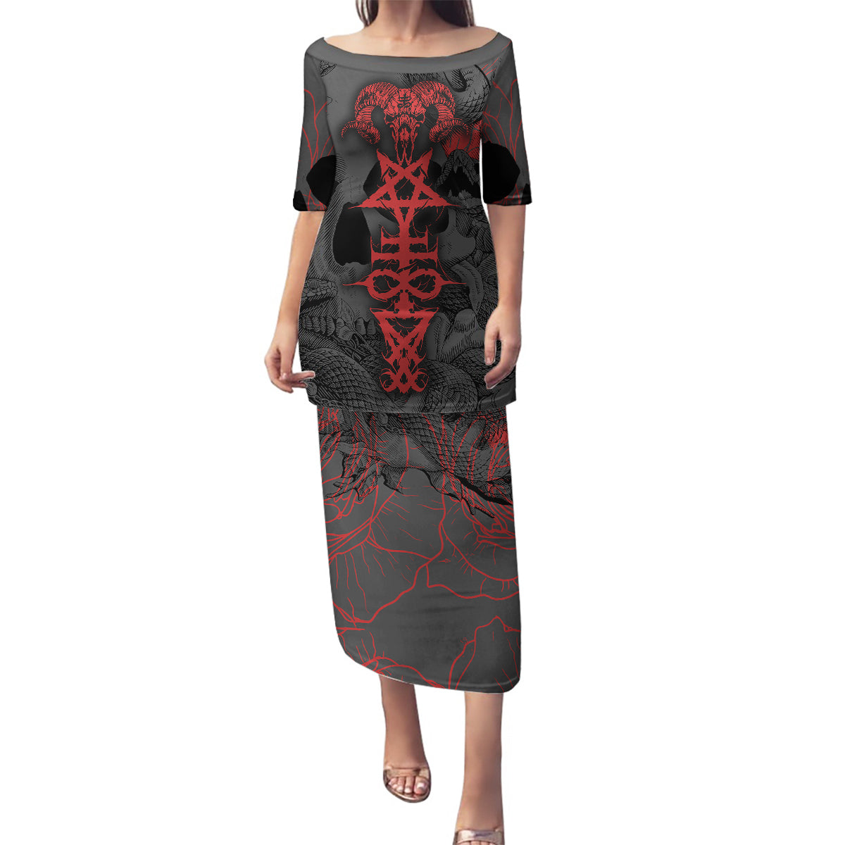 Skull Horror - Satan Symbol Grunge Family Matching Puletasi Dress and Hawaiian Shirt - Wonder Print Shop
