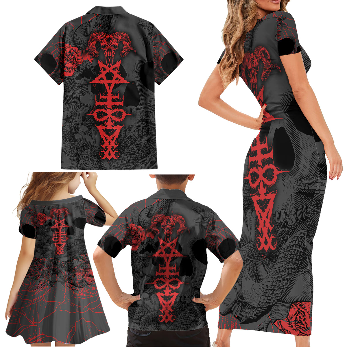 Skull Horror - Satan Symbol Grunge Family Matching Short Sleeve Bodycon Dress and Hawaiian Shirt - Wonder Print Shop
