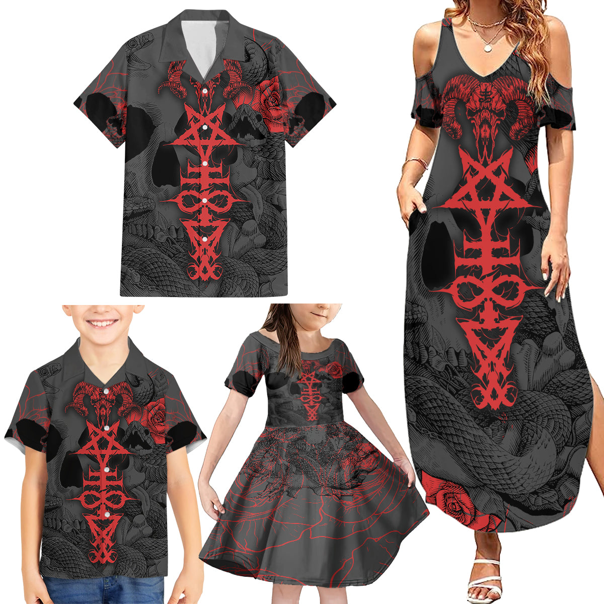 Skull Horror - Satan Symbol Grunge Family Matching Summer Maxi Dress and Hawaiian Shirt - Wonder Print Shop