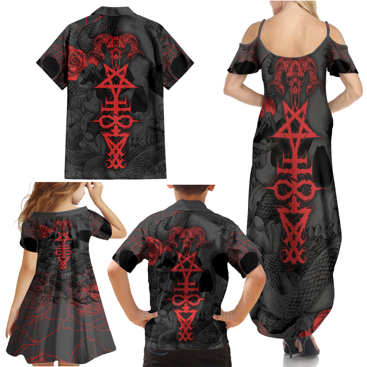 Skull Horror - Satan Symbol Grunge Family Matching Summer Maxi Dress and Hawaiian Shirt - Wonder Print Shop