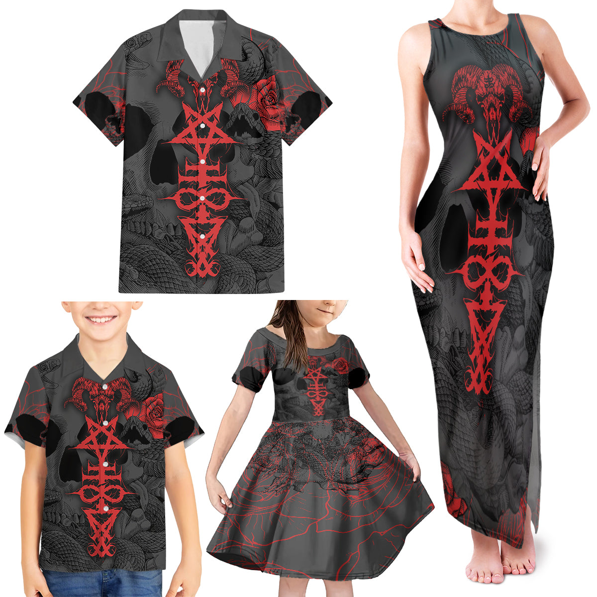 Skull Horror - Satan Symbol Grunge Family Matching Tank Maxi Dress and Hawaiian Shirt - Wonder Print Shop