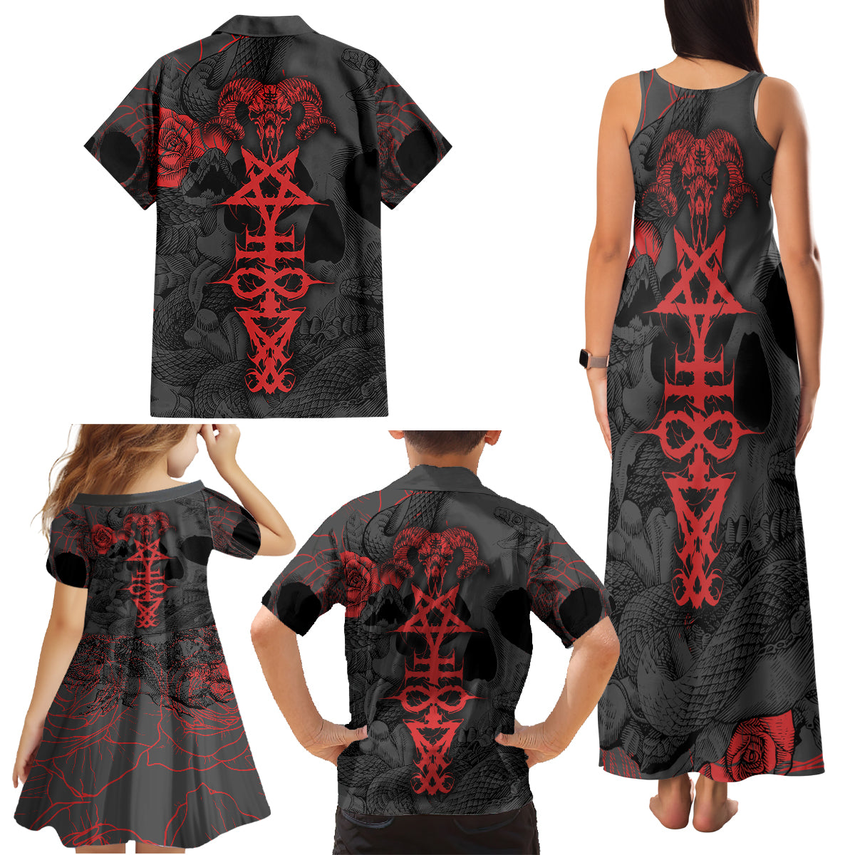 Skull Horror - Satan Symbol Grunge Family Matching Tank Maxi Dress and Hawaiian Shirt - Wonder Print Shop