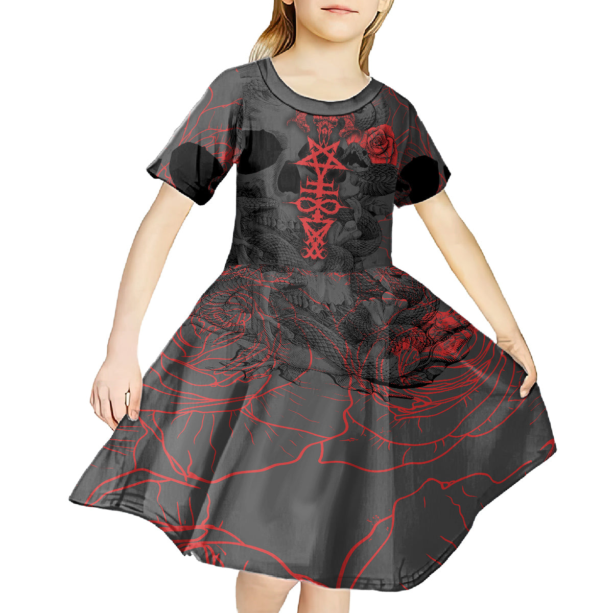 Skull Horror - Satan Symbol Grunge Kid Short Sleeve Dress - Wonder Print Shop