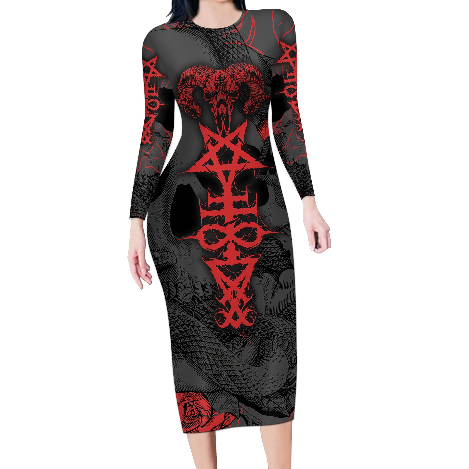 Skull Horror - Satan Symbol Grunge Long Sleeve Bodycon Dress - Wonder Print Shop