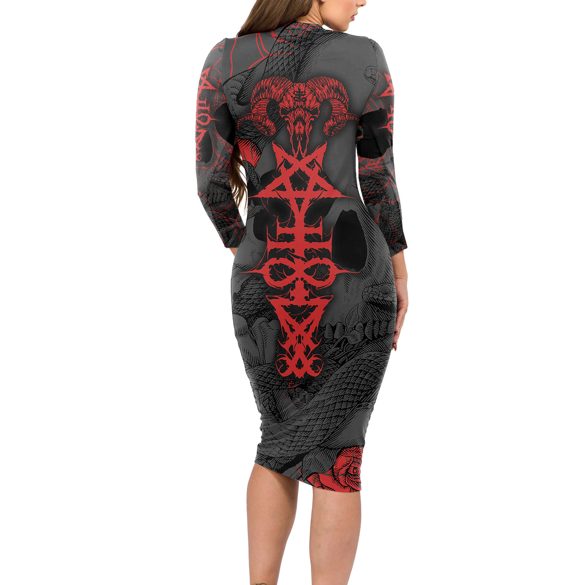 Skull Horror - Satan Symbol Grunge Long Sleeve Bodycon Dress - Wonder Print Shop